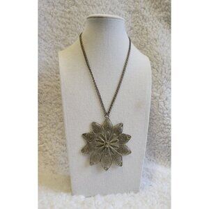 Vintage Style Large Brass Filigree Metalwork Flower Pendant Necklace N1F